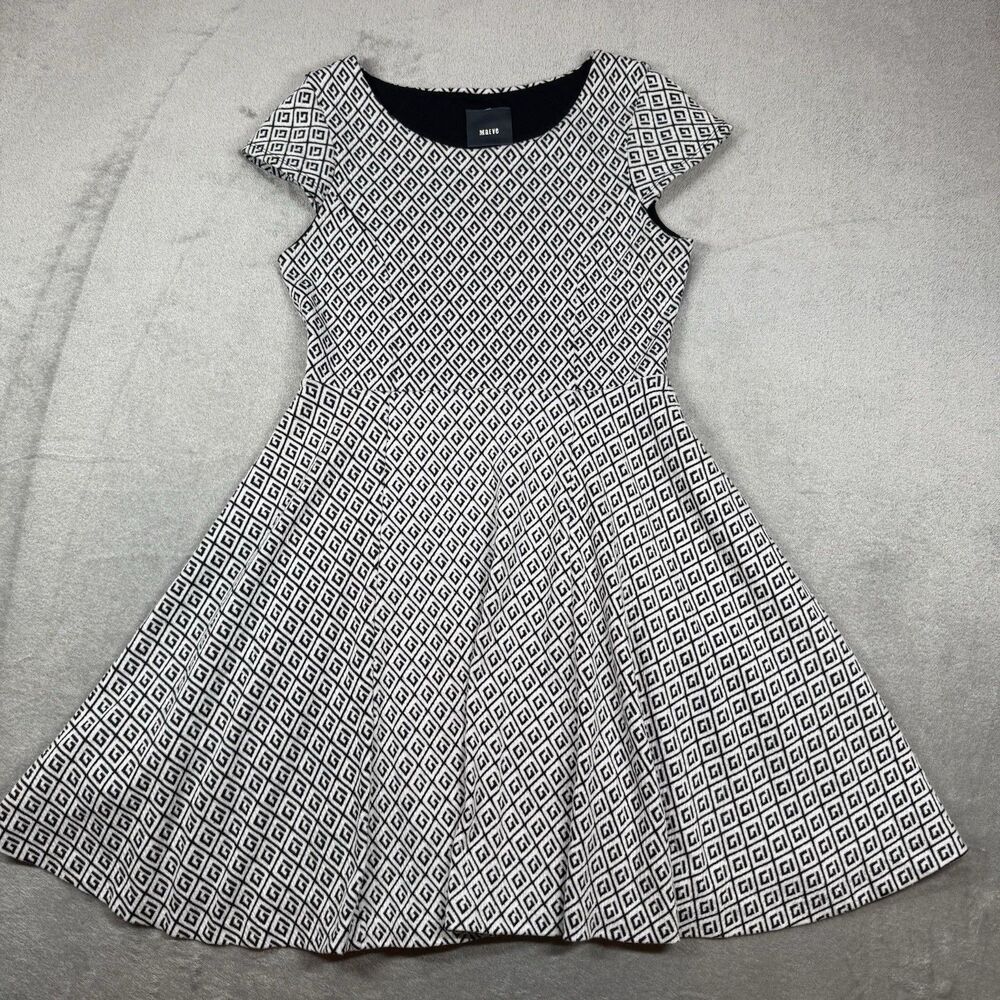 Maeve Anthropologie Dress Women M Fit & Flare Black White Geometric Cap Sleeve